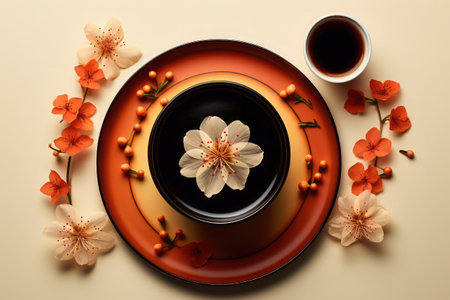 Composition with cup of coffee and sakura flowers on color backgroundの素材