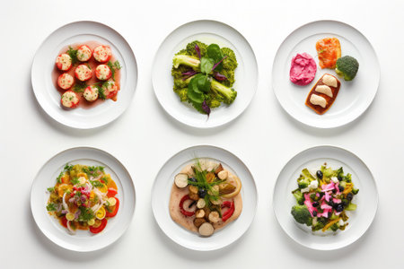 Plate of assorted healthy salads on white background. Top view.の素材
