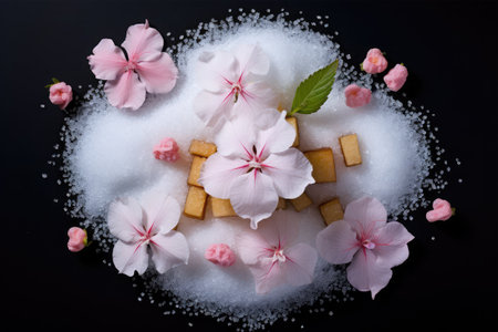 Sugar cubes and pink flowers on a black background, top viewの素材