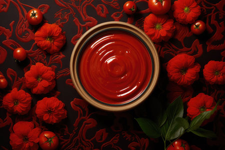 Tomato sauce in a bowl on a black background with red flowersの素材