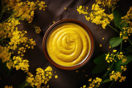 Mustard sauce in a bowl on a dark background with yellow flowersの素材