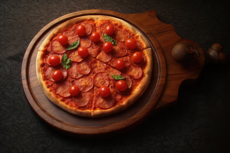 Pizza with salami and cherry tomatoes on a wooden board.の素材