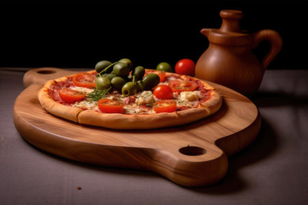 pizza on a wooden board with olives and tomatoes on a black backgroundの素材