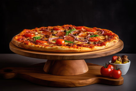 Pizza with salami, cheese, tomatoes and onions on a black backgroundの素材