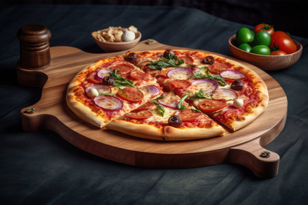 Pizza with salami, mozzarella, tomatoes, onion and arugulaの素材