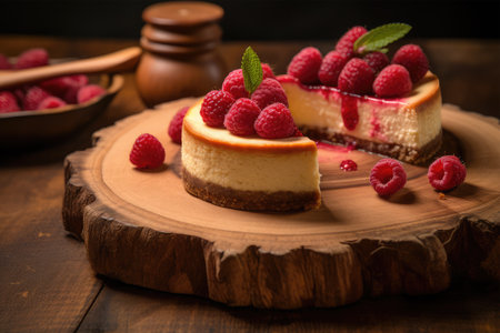 Cheesecake with fresh raspberries and mint on wooden backgroundの素材