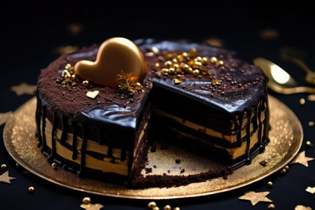 Chocolate cake with golden heart on black background, valentines day conceptの素材