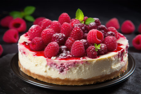 Delicious cheesecake with raspberries and mint on black backgroundの素材