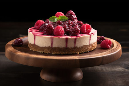 Delicious raspberry cheesecake with fresh raspberries on dark wooden tableの素材
