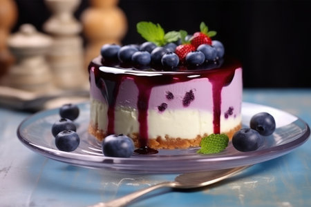 Delicious blueberry cheesecake with fresh berries, selective focus.の素材