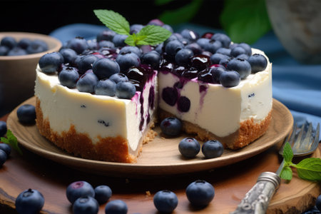 Cheesecake with blueberries and mint on a wooden plate.の素材