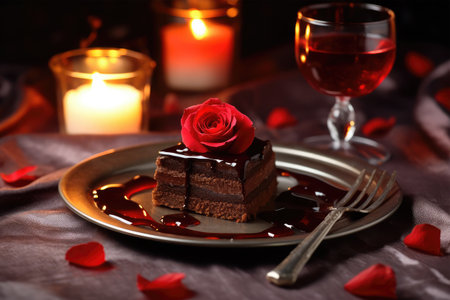 Chocolate cake with rose on plate on table in darkness, closeupの素材