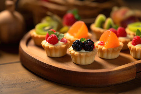 Tartlets with fruits on a wooden background. Selective focus.の素材