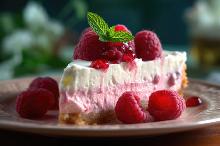 Raspberry cake with whipped cream and fresh raspberries, closeupの素材