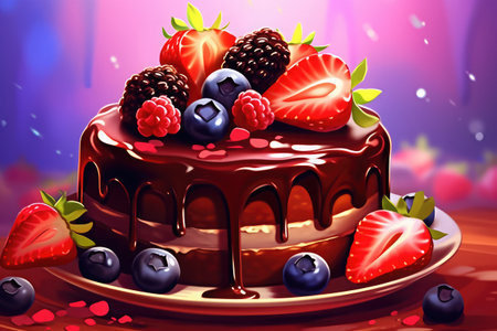 Chocolate cake with berries on a wooden table. Vector illustration.の素材
