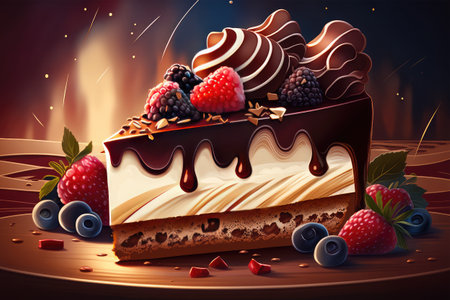 Chocolate cake with berries on a wooden background. Vector illustration.の素材