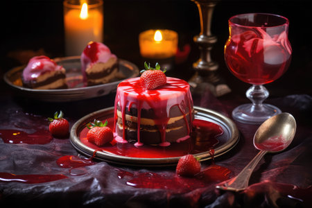 Panna cotta dessert with fresh strawberries and chocolate glaze.の素材