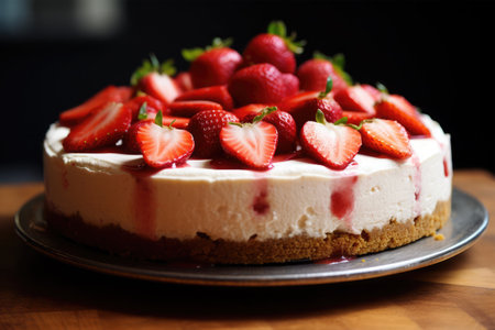 Strawberry cheesecake with fresh strawberries on a wooden table.の素材