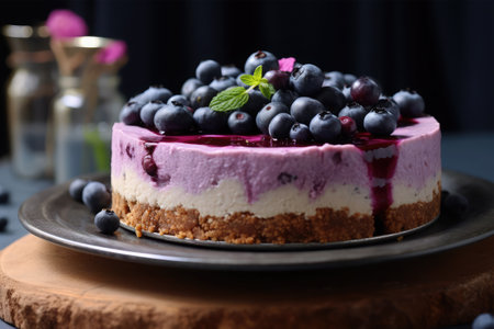 Delicious blueberry cheesecake on wooden board, closeup viewの素材