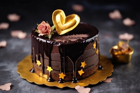 Birthday chocolate cake with rose and hearts on a dark background.の素材