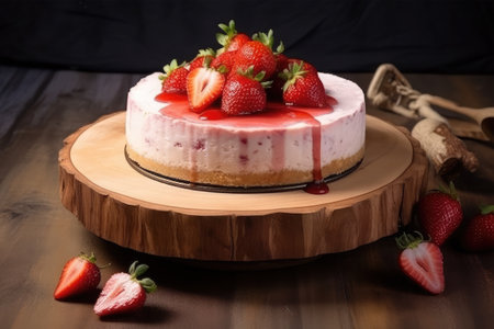 Strawberry cheesecake with fresh strawberries on wooden cutting board.の素材