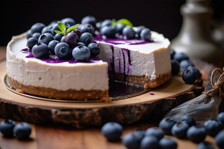 Homemade blueberry cheesecake with fresh blueberries, selective focusの素材