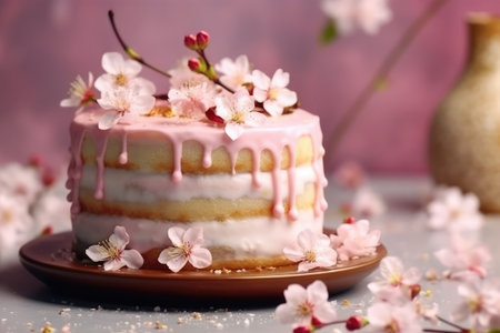 Cake with cherry blossoms on a light background. Selective focus.の素材
