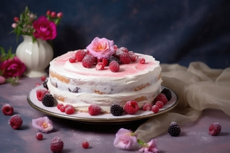 Homemade cake with cream and berries on a dark background. Selective focus.の素材