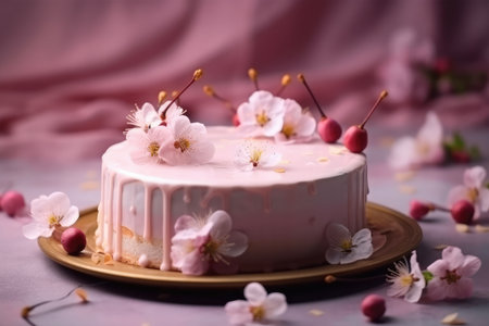Cake with cherry blossom and cherry blossoms on a pink backgroundの素材