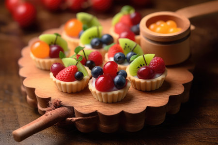 tartlets with berries and fruits on wooden table, closeupの素材