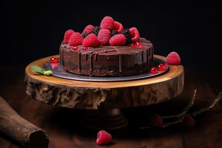Chocolate cake with raspberries and blackberries on wooden backgroundの素材