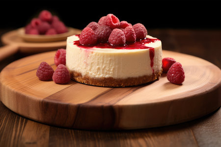 Delicious cheesecake with raspberries on wooden board, closeupの素材