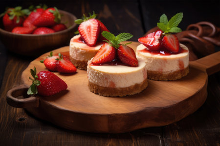 cheesecake with fresh strawberries on a wooden background. selective focusの素材