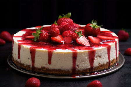 Strawberry cheesecake with fresh berries on a dark background.の素材