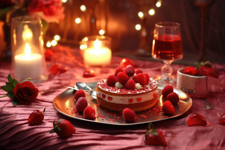 Delicious cake with fresh berries on table in room decorated with candlesの素材
