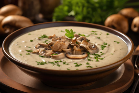 Mushroom soup with cream and parsley on a wooden backgroundの素材