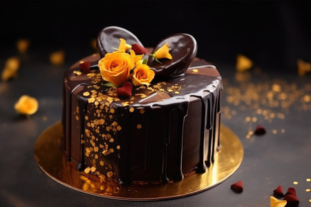Delicious chocolate cake with yellow roses on a black background. Selective focus.の素材