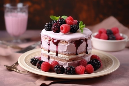 Delicious cake with berries on a plate on a wooden background.の素材