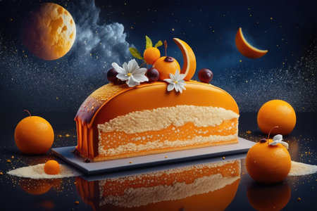 Orange cake with fruits and moon on dark background. 3d illustrationの素材