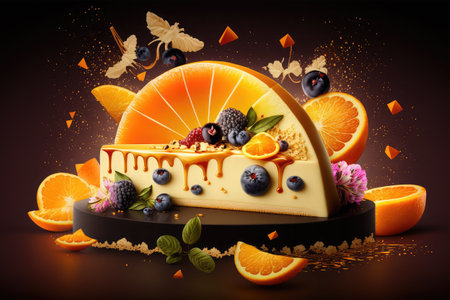 Orange cake with fruits and berries on black background. 3d illustrationの素材