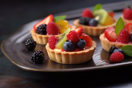 Delicious tartlets with fresh berries on black background, closeupの素材