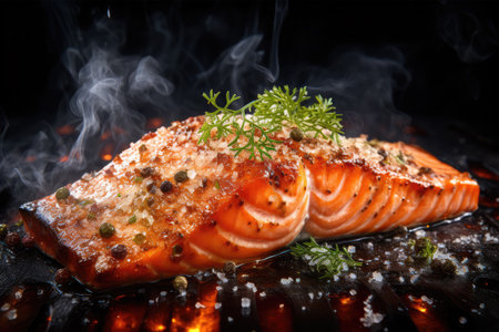 Grilled salmon fillet with herbs and spices on a black backgroundの素材