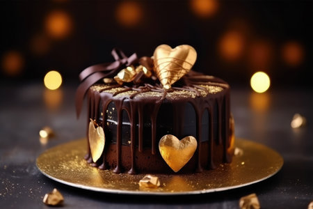 chocolate cake with chocolate glaze and hearts on a dark backgroundの素材