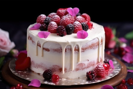 Delicious cake with berries on a dark background. Selective focus.の素材