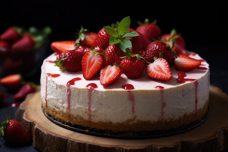 Strawberry cheesecake with fresh strawberries and mint on dark backgroundの素材