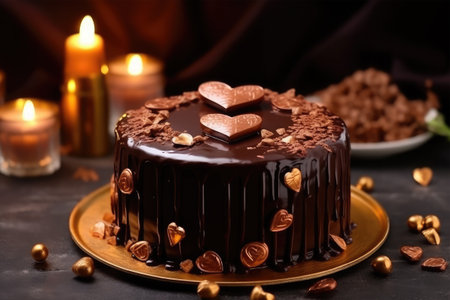 Chocolate cake with chocolate glaze and nuts on a dark backgroundの素材