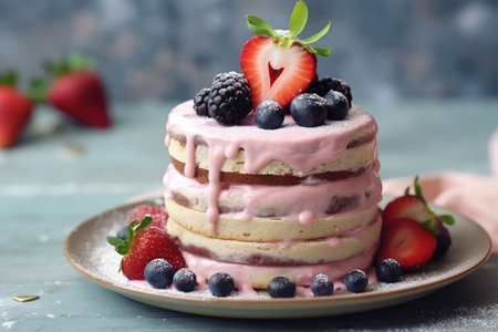 Strawberry and blueberry mousse cake with fresh berries.の素材