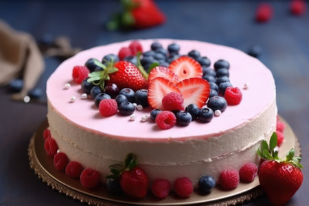 Delicious homemade cake with fresh berries on blue wooden table, closeupの素材