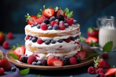 Cake with fresh berries on a blue background. Selective focus.の素材