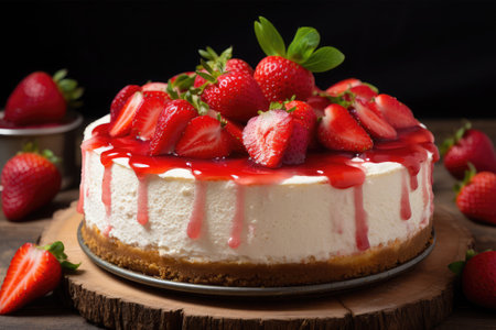 Strawberry cheesecake with fresh strawberries on wooden table, selective focusの素材